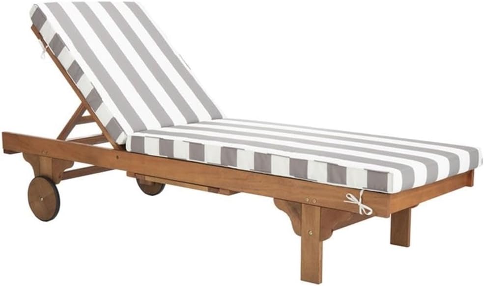 SAFAVIEH Outdoor Collection Newport Natural/ Grey & White Stripe Cushion Built-in Side Table Adjustable Chaise Lounge Chair