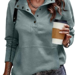 SHEWIN Womens Sweatshirt Casual Long Sleeve Lightweight Sweatshirts Button Loose Pullover Tops