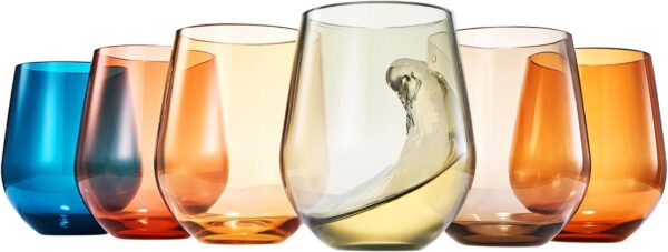 Khen European Style Shatterproof Tritan Stemless Wine Glasses, Acrylic Glass Drinkware, Unbreakable Colored, 6 - Set - BPA-free plastic, Reusable, Dishwasher Safe, All Purpose Glassware 15oz - (Muted)