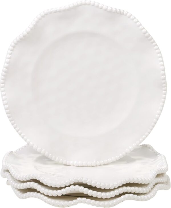 Perlette Cream Beaded Salad Plates - Set of 4, 9" Chic Melamine Dinnerware, Unbreakable & Elegant for Indoor/Outdoor Dining, Appetizers, Desserts & Stylish Table Settings. Perfect for gift-giving.