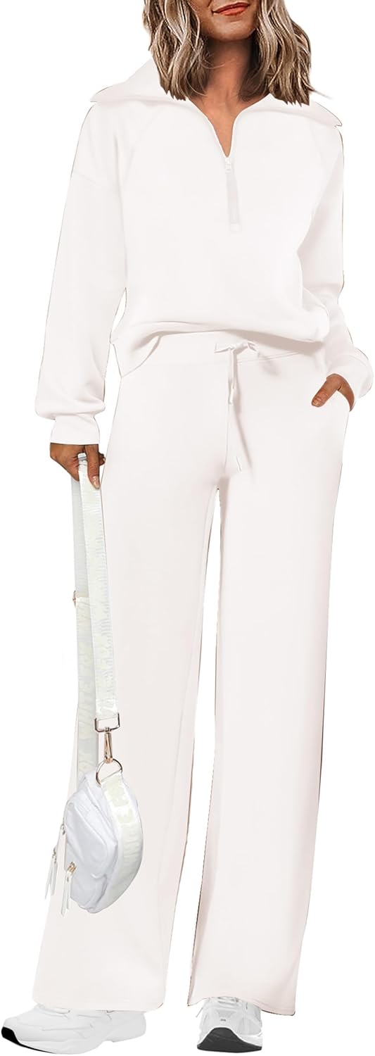 PRETTYGARDEN Women’s 2 Piece Outfits Casual Lapel Half Zip Sweatshirts And Wide Leg Pants Tracksuit Sets