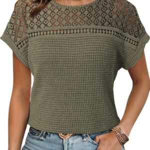 Dokotoo Women's Tops Casual Scoop Neck Short Sleeve Waffle Knit Hollow Out Shirts Loose Tunic Tops Blouses