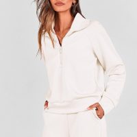 PRETTYGARDEN Women's 2 Piece Outfits Casual Lapel Half Zip Sweatshirts And Wide Leg Pants Tracksuit Sets - Image 3