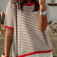 Dokotoo Womens Tops Casual Summer Crewneck Short Sleeve Striped Color Block Knit High Low Trendy Pullover Sweaters - Image 2