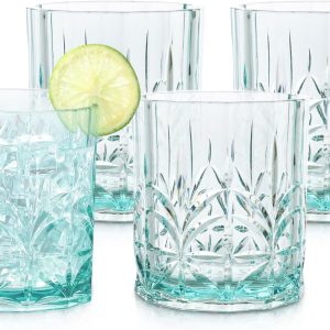 BELLAFORTE Shatterproof Tritan Plastic Short Tumbler, Set of 4, 13oz - Myrtle Beach Unbreakable Crystal Cut Old Fashioned Drinking Glasses for Whiskey - BPA Free - Dishwasher Safe - Teal