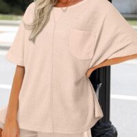Dokotoo Womens Summer Tops 2025 Fashion Short Sleeve Crewneck Waffle Knit T Shirts Casual Oversized Blouses Clothing - Image 2