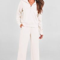 PRETTYGARDEN Women's 2 Piece Outfits Casual Lapel Half Zip Sweatshirts And Wide Leg Pants Tracksuit Sets - Image 5