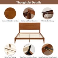 Merax Queen Size Bamboo Platform Bed, Mid-Century Modern Bed Frame with Tall Headboard, Wood Slat Support, No Box Spring Needed, Easy Assembly, Brown - Image 4