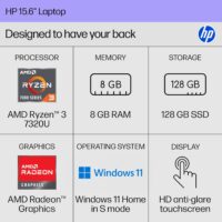 HP 15.6 inch Laptop, HD Touchscreen Display, AMD Ryzen 3 7320U, 8 GB RAM, 128 GB SSD, AMD Radeon Graphics, Windows 11 Home in S Mode, Natural Silver, 15- fc0099nr - Image 2