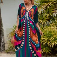 Kaftan Dresses for Women Plus Size Lightweight Swimsuit Cover up Batwing Sleeve Print Loungewear Beach Robe - Image 5