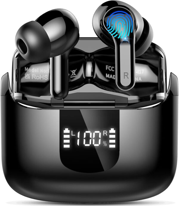 Wireless Earbuds, Bluetooth Headphones 2025 NEW Ear Buds 40H Bass Stereo in-Ear Earphones ENC Noise Cancelling 5.3 Earbuds with 4 HD Mic, USB-C LED Display IP7 Waterproof Sport Headset for Android iOS