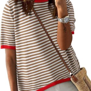 Dokotoo Womens Tops Casual Summer Crewneck Short Sleeve Striped Color Block Knit High Low Trendy Pullover Sweaters