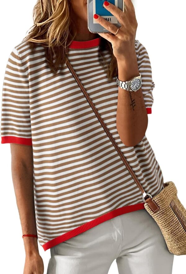 Dokotoo Womens Tops Casual Summer Crewneck Short Sleeve Striped Color Block Knit High Low Trendy Pullover Sweaters