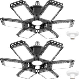 2 Pack LED Garage Lights 180W Deformable 18000LM Close to Ceiling Light Fixtures E26 E27 Screw-in Six Leaf Glow Lighting, Ultra Bright LED Shop Light with 6 Adjustable Panels for Work Shop Warehouse