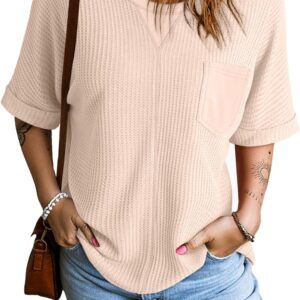 Dokotoo Womens Summer Tops 2025 Fashion Short Sleeve Crewneck Waffle Knit T Shirts Casual Oversized Blouses Clothing