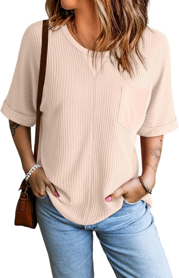 Dokotoo Womens Summer Tops 2025 Fashion Short Sleeve Crewneck Waffle Knit T Shirts Casual Oversized Blouses Clothing