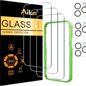 Ailun 3 Pack Screen Protector for iPhone 16 Pro [6.3 inch] + 3 Pack Camera Lens Protector with Installation Frame,Case Friendly Tempered Glass Film,[9H Hardness] - HD