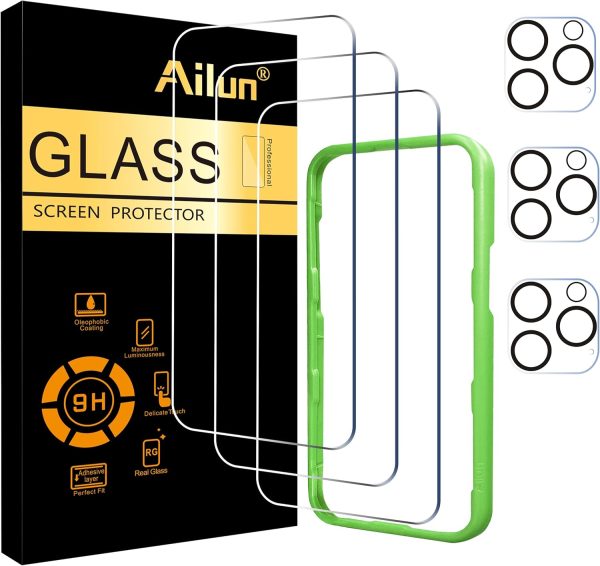 Ailun 3 Pack Screen Protector for iPhone 16 Pro [6.3 inch] + 3 Pack Camera Lens Protector with Installation Frame,Case Friendly Tempered Glass Film,[9H Hardness] - HD