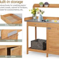 Yaheetech Outdoor Garden Potting Bench Table Work Bench Metal Tabletop W/Cabinet Drawer Open Shelf Natural Wood - Image 5
