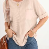 Dokotoo Womens Summer Tops 2025 Fashion Short Sleeve Crewneck Waffle Knit T Shirts Casual Oversized Blouses Clothing - Image 5