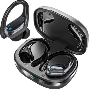 Catitru Wireless Earbuds Bluetooth Headphones 80H Playback Ear Buds Power Display with Noise Canceling Mic with Earhooks for Sports/Workout - Black