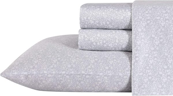 Laura Ashley Home - King Sheets, Soft Sateen Cotton Bedding Set - Sleek, Smooth, & Breathable Home Decor, Winnie Grey