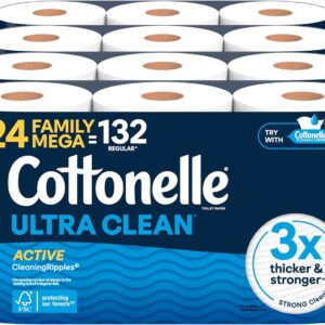 Cottonelle Ultra Clean Toilet Paper with Active CleaningRipples Texture, Strong Bath Tissue, 24 Family Mega Rolls = 132 Regular Rolls (4 Packs of 6)