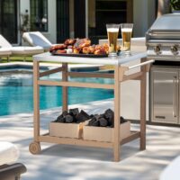 TORVA Outdoor Prep Grill Carts, 303 Stainless Steel Tabletop with High Load Capacity Portable BBQ Table, HDPE Durable Frame 2-Tier Storage Cart, Wood - Image 3