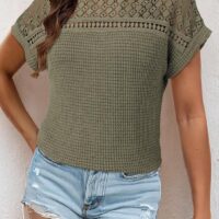 Dokotoo Women's Tops Casual Scoop Neck Short Sleeve Waffle Knit Hollow Out Shirts Loose Tunic Tops Blouses - Image 4