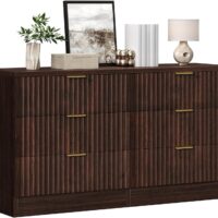 DWVO 6 Drawer Dressers, High Gloss White Dressers Drawers with Fluted Panel, Wide Versatile TV Stand Cabinet Table for Kitchen and Office, Walnut - Image 7