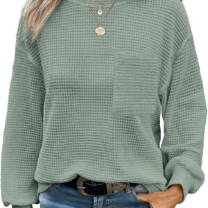 Dokotoo Womens Waffle Knit Tops 2025 Oversized Long Sleeve Crewneck Shirts Business Casual Blouses Basic Shirts