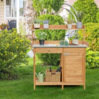 Yaheetech Outdoor Garden Potting Bench Table Work Bench Metal Tabletop W/Cabinet Drawer Open Shelf Natural Wood - Image 2