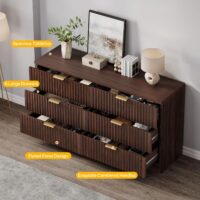 DWVO 6 Drawer Dressers, High Gloss White Dressers Drawers with Fluted Panel, Wide Versatile TV Stand Cabinet Table for Kitchen and Office, Walnut - Image 3