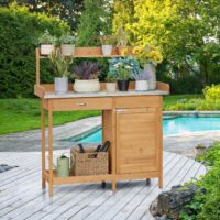 Yaheetech Outdoor Garden Potting Bench Table Work Bench Metal Tabletop W/Cabinet Drawer Open Shelf Natural Wood - Image 4