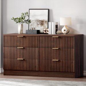 DWVO 6 Drawer Dressers, High Gloss White Dressers Drawers with Fluted Panel, Wide Versatile TV Stand Cabinet Table for Kitchen and Office, Walnut