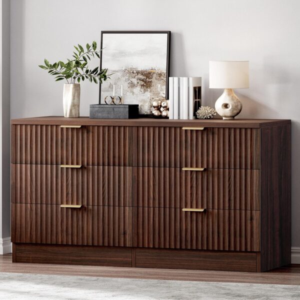 DWVO 6 Drawer Dressers, High Gloss White Dressers Drawers with Fluted Panel, Wide Versatile TV Stand Cabinet Table for Kitchen and Office, Walnut
