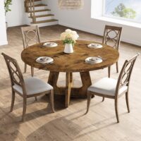 GarveeHome 47-Inch Round Large Dining Table Set for 4 to 6, Farmhouse Dinner Table with Wooden Top and Legs for Home Dining Room or Living Room - Rustic Brown(No Chairs) - Image 3