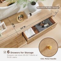 RedLemon 6 Drawer Dresser, 54" Wide Mid Century Modern Chest of Drawers, Beveled Profile Design, Wood Drawer Organizer for Bedroom, Living Room, Hallway, Natural Oak Color - Image 2