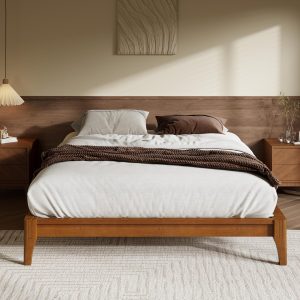 Merax Mid-Century Bamboo Platform Bed, Queen Size Bed Frame with Wood Slat Support, No Box Spring Needed, Easy Tool-Free Assembly, Brown
