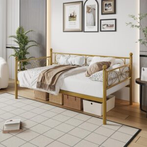 IDEALHOUSE Twin Size Daybed Frame, Metal Sofa Bed Frame, Heavy Duty Metal Slats, Day Bed for Living Room, Bedroom, Guest Room, Space Saving, Gold