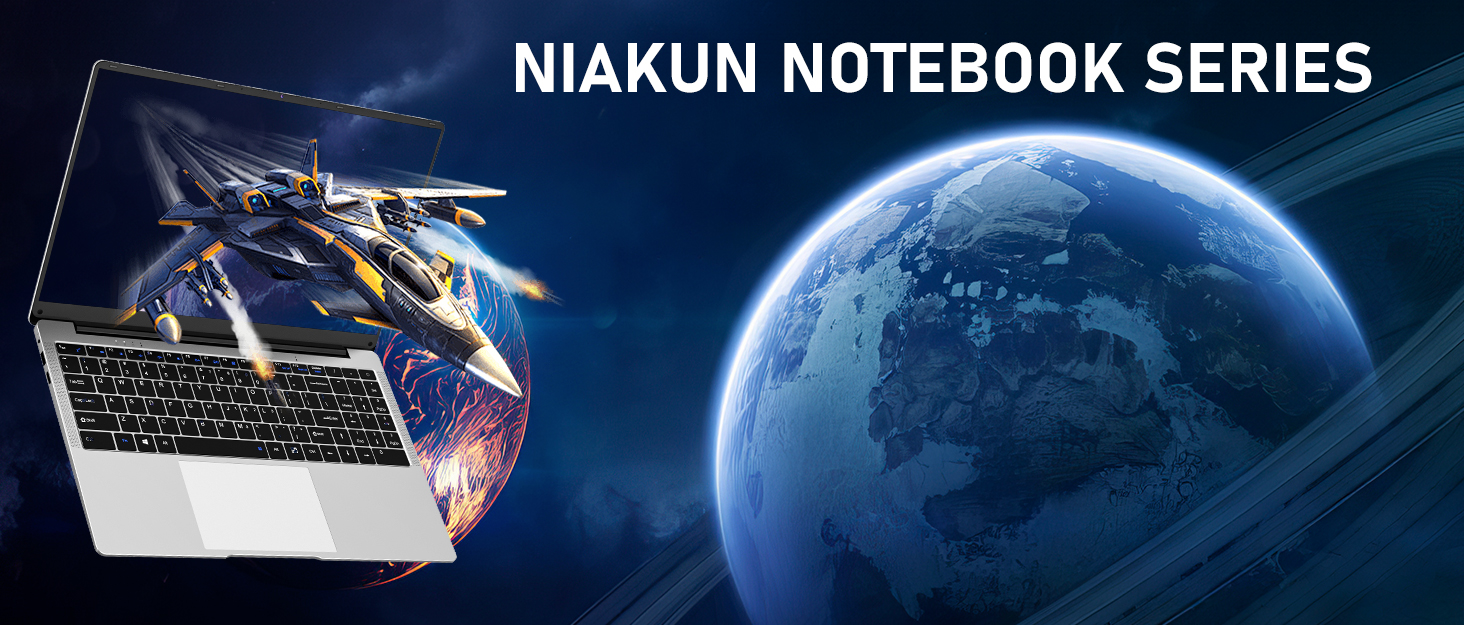 Niakun Notebook Series promotional image featuring a laptop with robotic/mechanical design elements against a space background with Earth.