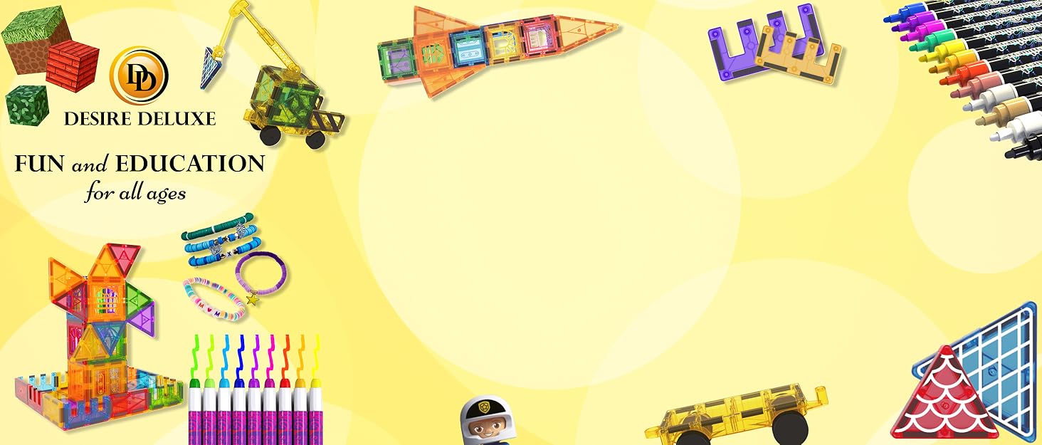Yellow background educational toys banner featuring colorful building blocks, art supplies, and learning materials arranged around edges.