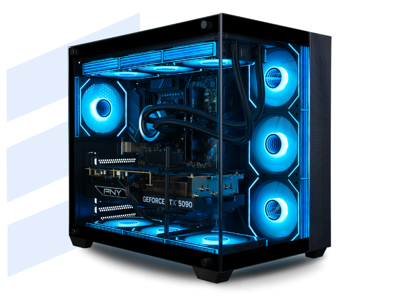 Panorama gaming PC with neon green ARGB PWM fans