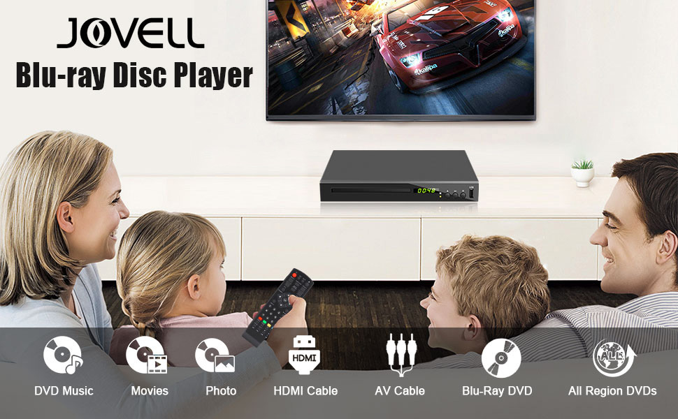 Text reads 'JOVELL Blu-ray Disc Player'. Product features shown with icons: DVD/Movie, Movies, Photo, HDMI Cable, AV Cable, Blu-Ray Disc, All Region Icons.