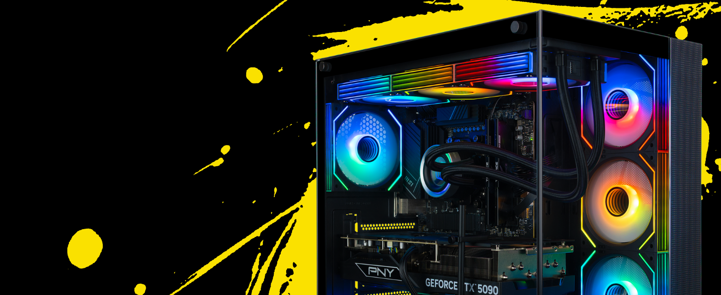 Panorama pc gaming desktop showing the toughen tempered glass front and side panels with blue fans