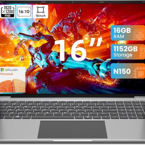 jumper 16 Inch Laptop Computer, 16GB RAM 1TB SSD 128GB ROM, N150 4-Core 3.6GHz Processor, 1200p IPS FHD Display, Office 365 1-Year Subscription, WiFi-6, Mini-HDMI, 38Wh Battery, Cooling System.