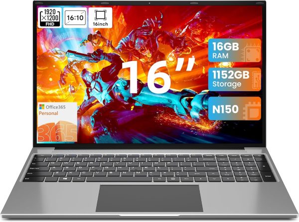 jumper 16 Inch Laptop Computer, 16GB RAM 1TB SSD 128GB ROM, N150 4-Core 3.6GHz Processor, 1200p IPS FHD Display, Office 365 1-Year Subscription, WiFi-6, Mini-HDMI, 38Wh Battery, Cooling System.