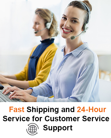 Customer service representatives wearing headsets and using computers. Text below mentions fast shipping and 24-hour service for customer support.