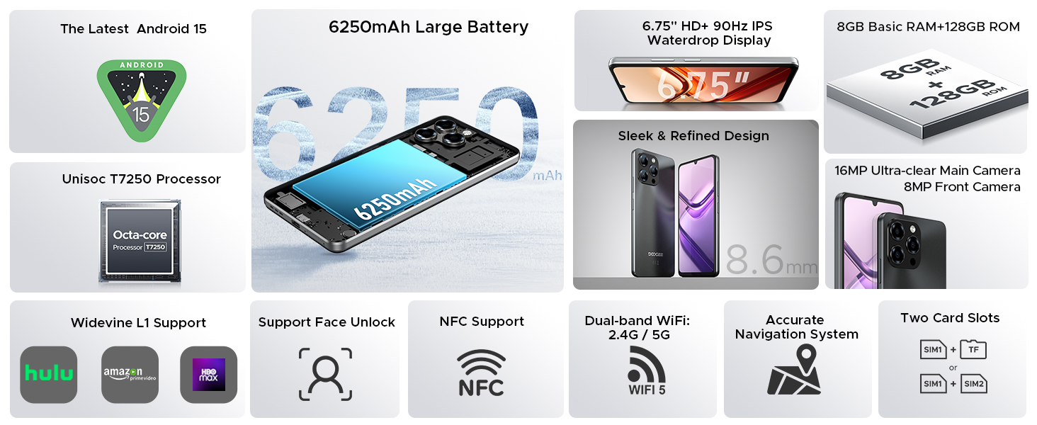 DOOGEE Note58 Android 15 Phone, Unlocked Phone with 32GB+128GB, 6.75&#34; HD+ 90Hz , 6250mAh Battery
