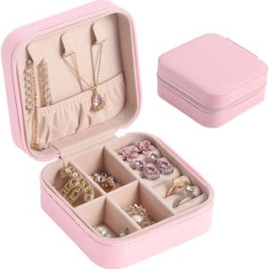 Travel Jewelry Case-Pink PU Leather Portable Organizer for Women & Girls,Compact Storage Box for Rings,Earrings,Necklaces,Bracelets,Ideal Gift for Travel